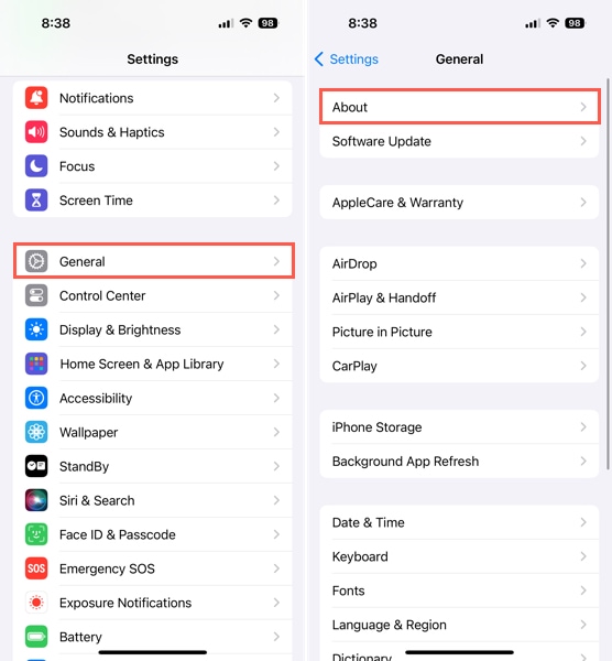 Settings, General, About on iPhone