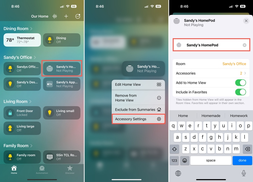 Accessory Settings to rename HomePod on iPhone