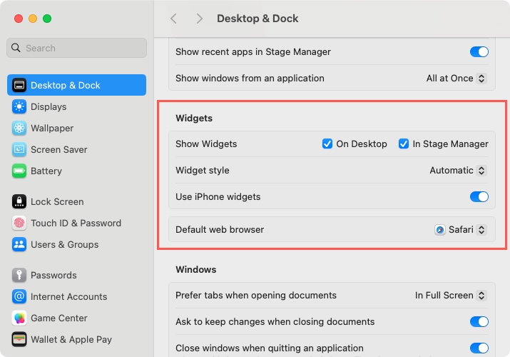 Widget settings on Mac