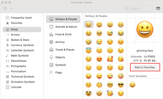 Add to Favorites button for an emoji