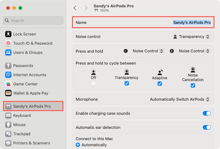AirPods settings and Name field on Mac