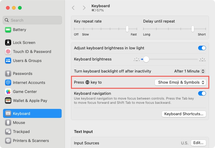 Globe key choice in the System Settings 