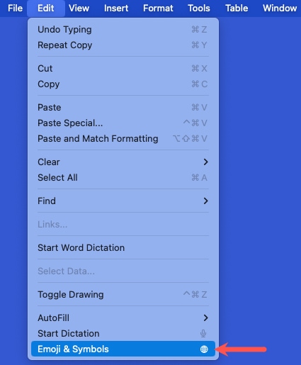 Emoji and Symbols in the Edit menu