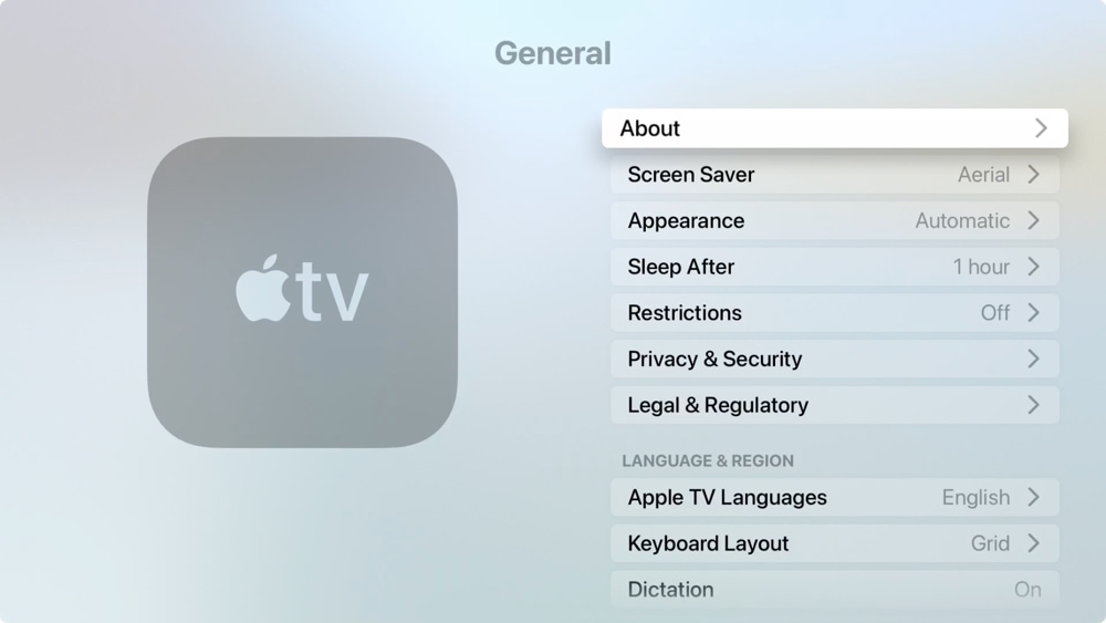 Settings, General, About on Apple TV