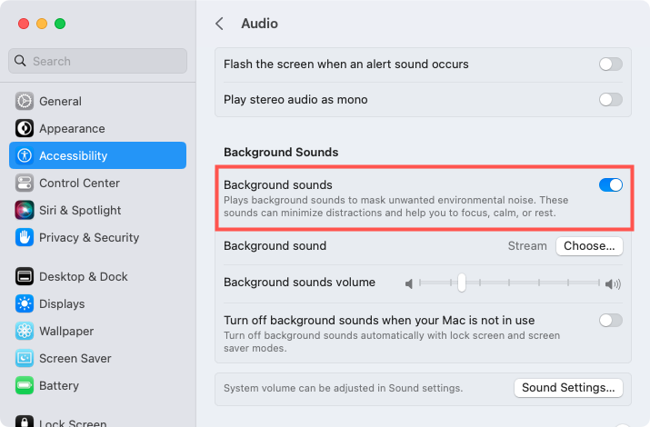 Background Sounds toggle on Mac