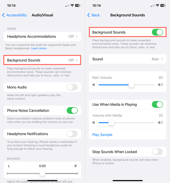 Background Sounds in the Audio Visual iPhone settings