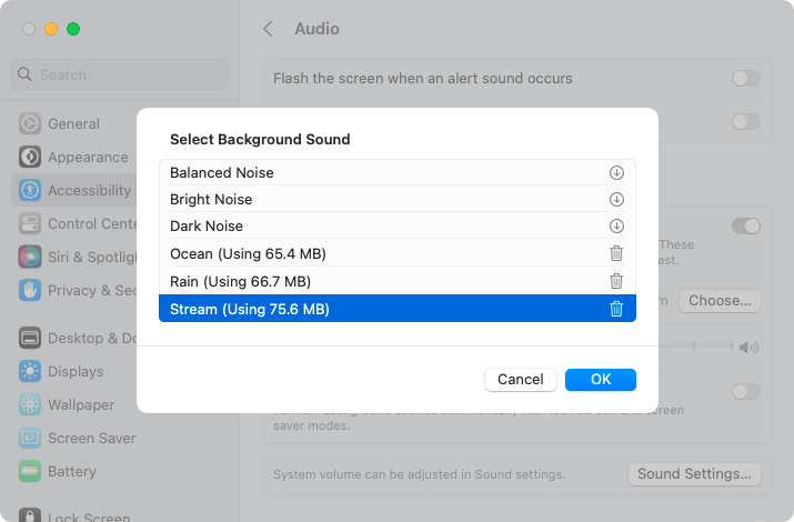Sound options for Background Sounds on Mac
