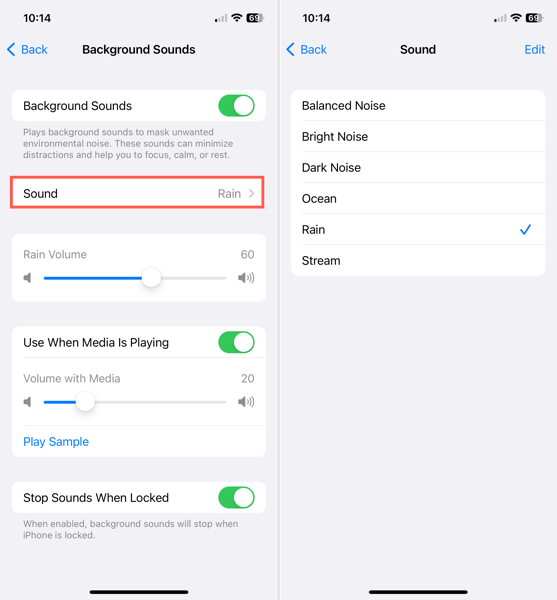 Sound options for Background Sounds on iPhone