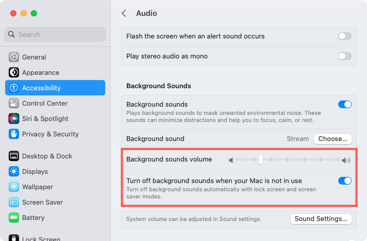 Background Sound settings on Mac