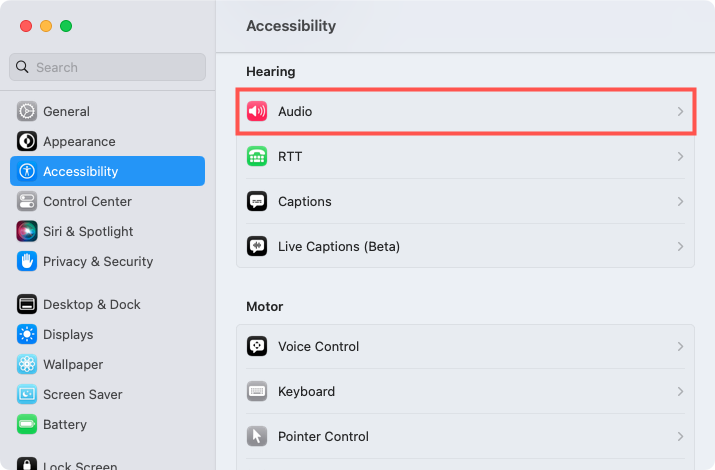Audio in Accessibility Settings on Mac