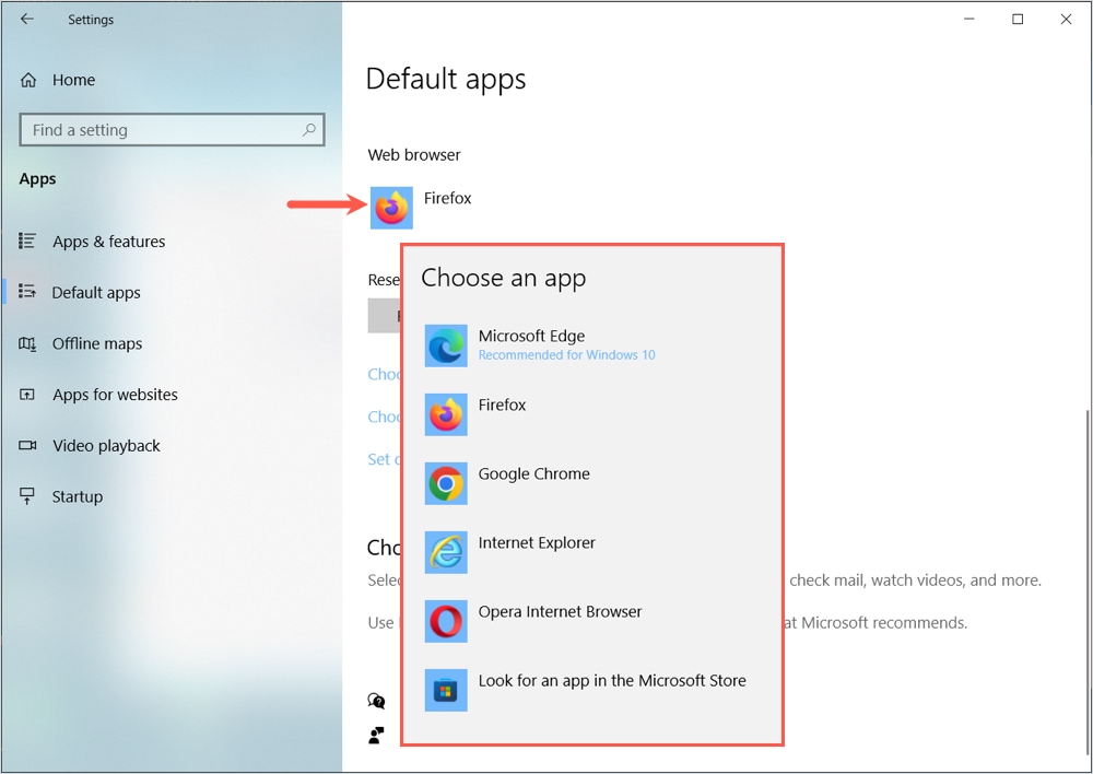 Browser selection for the default on Windows 10
