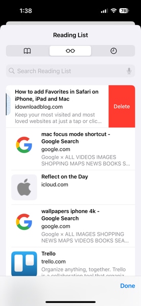 Delete an item in Safari on iPhone