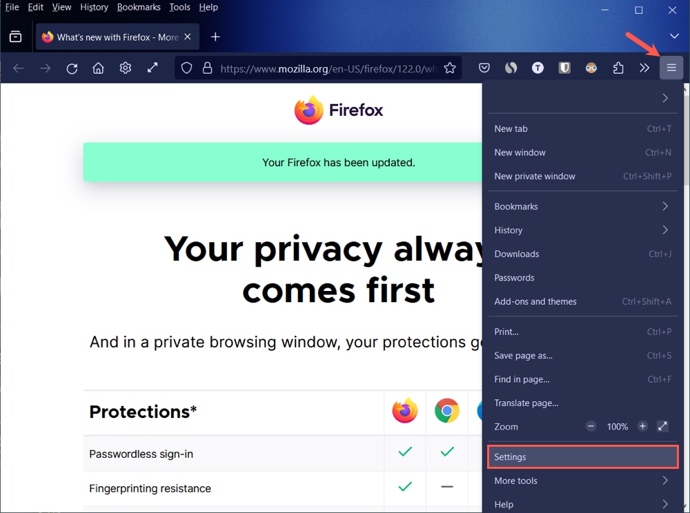 Firefox Settings option