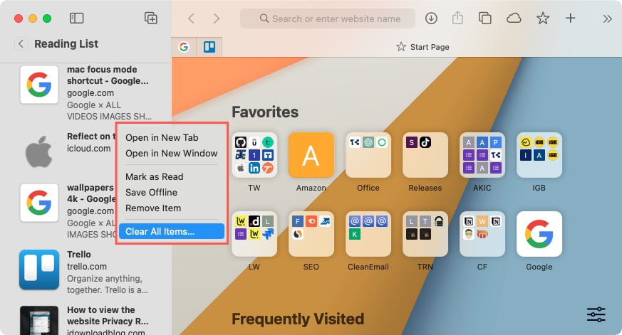 Clear All Items in Safari on Mac