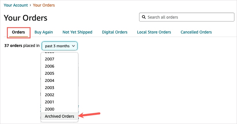 Choose Archived Orders in the timeframe dropdown list
