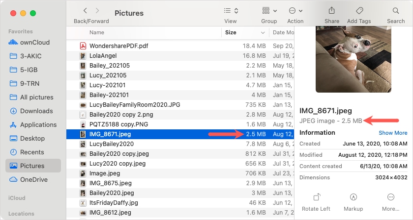 Preview sidebar and size column in Finder with picture size