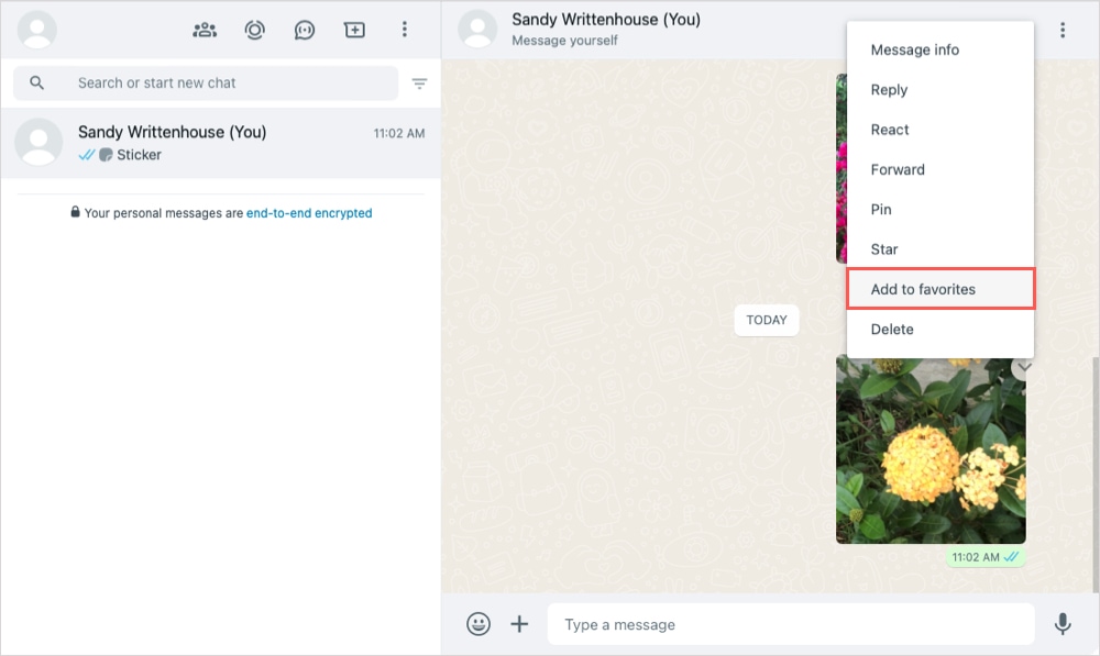 Save a WhatsApp sticker to Favorites on the web
