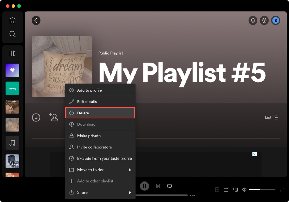 Delete in the More Options menu for a playlist