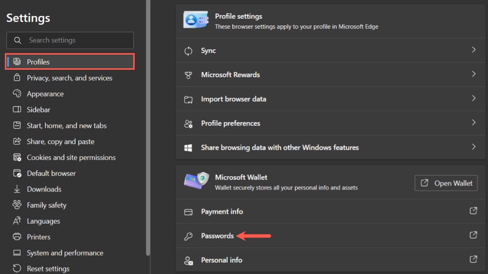 Passwords in the Profile settings in Edge