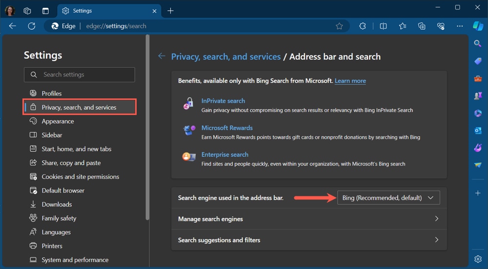 Default search engine in Edge
