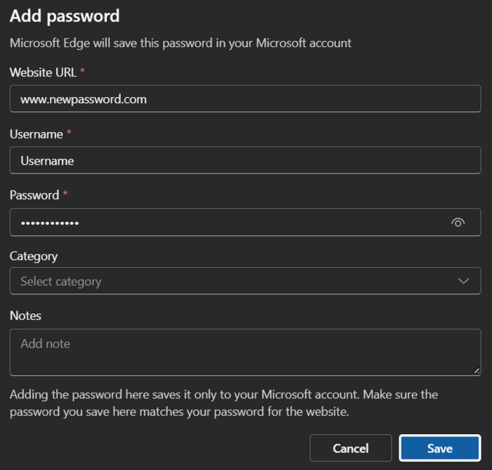Add and Save password screen for Edge