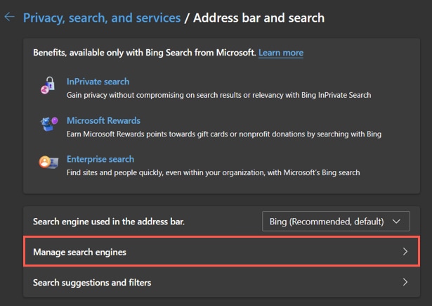 Manage search engines in Edge
