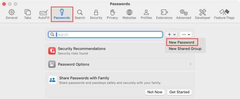 New Password on the Passwords tab in Safari