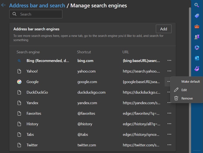 Search engine actions in Edge
