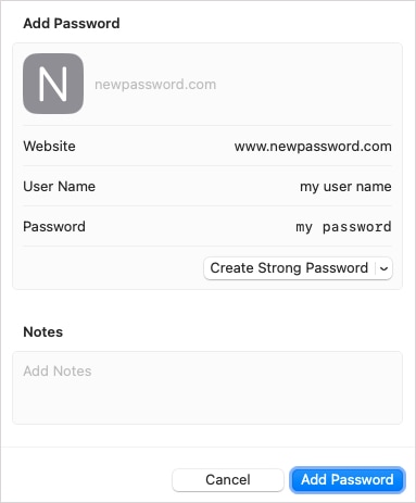 Add Password screen for Safari
