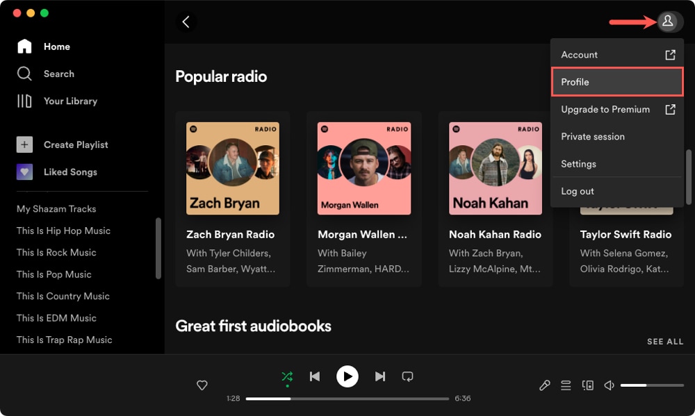 Profile in the menu in the Spotify desktop app