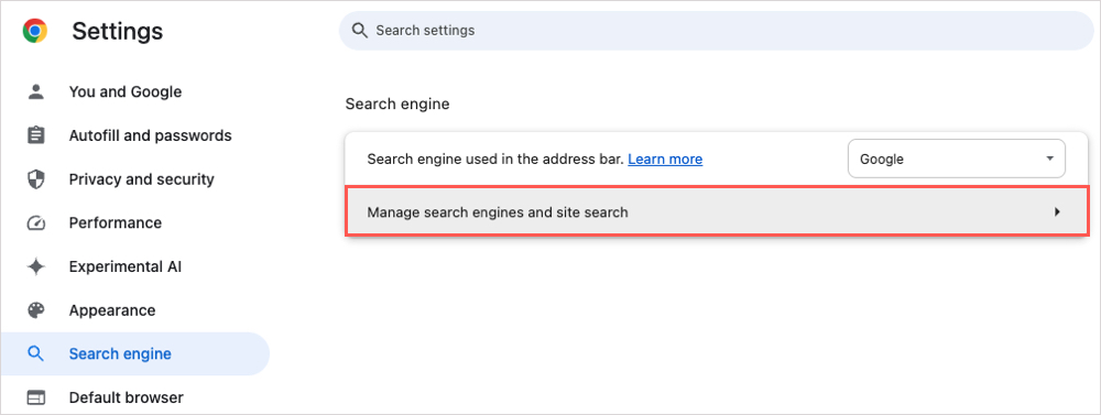 Manage search engines option in Chrome