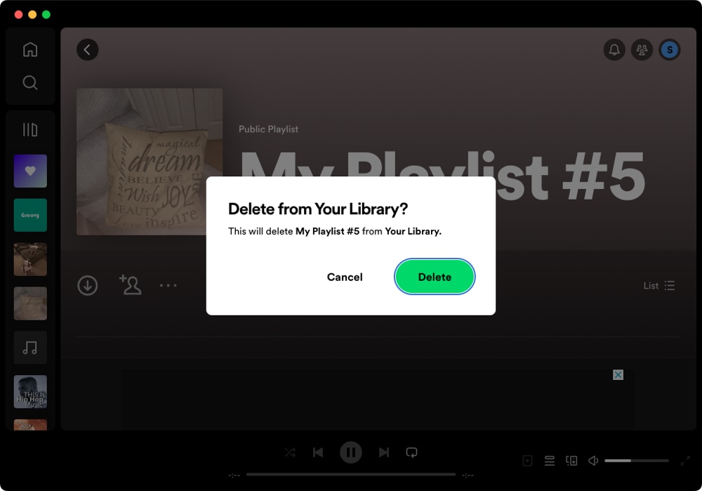 Delete button to confirm removing a playlist