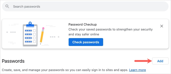 Google Password Manager Add button