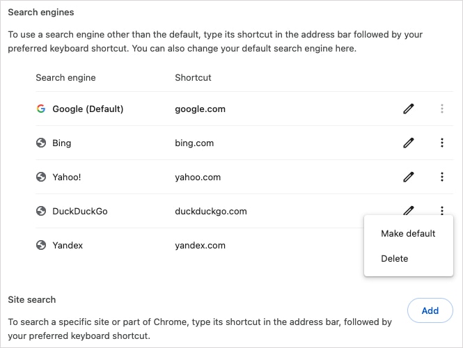 Search engine actions in Chrome