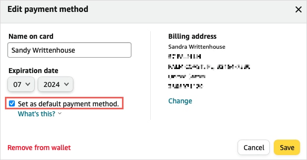 Set as default payment method checkbox on Amazon