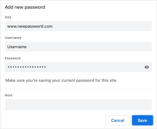 Add and Save password screen for Chrome