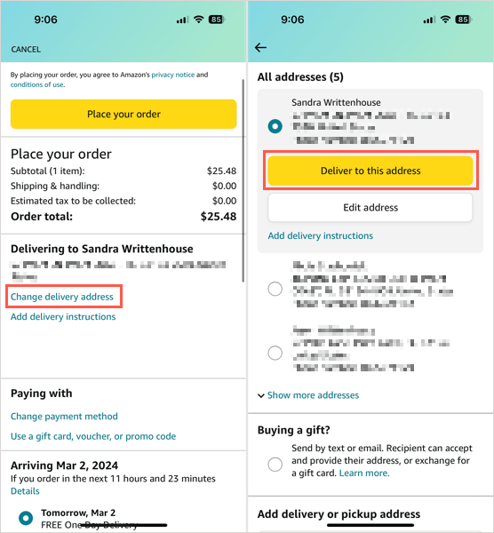 Change your shipping address during checkout in the Amazon mobile app