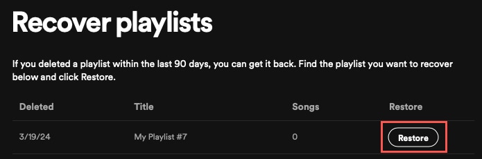 Recover button for a deleted Spotify playlist