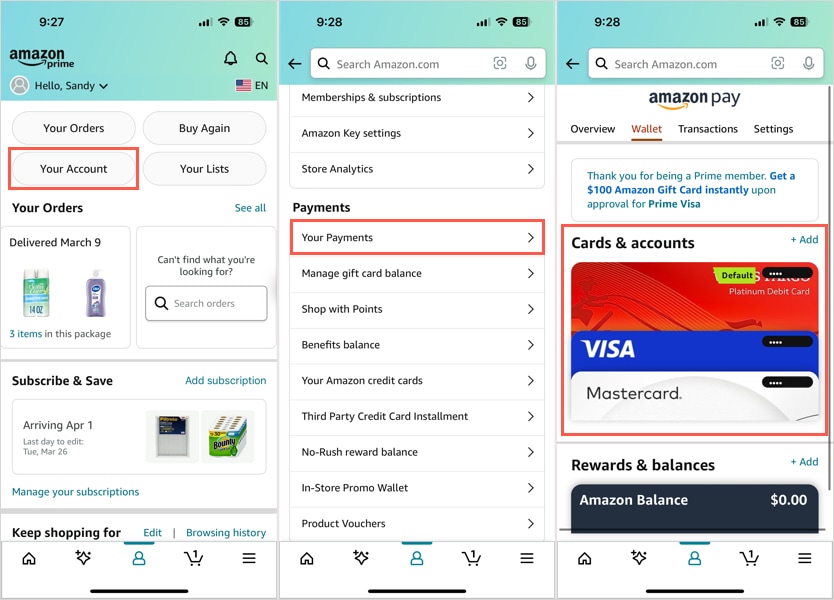 Account, Payments, Cards in the Amazon mobile app