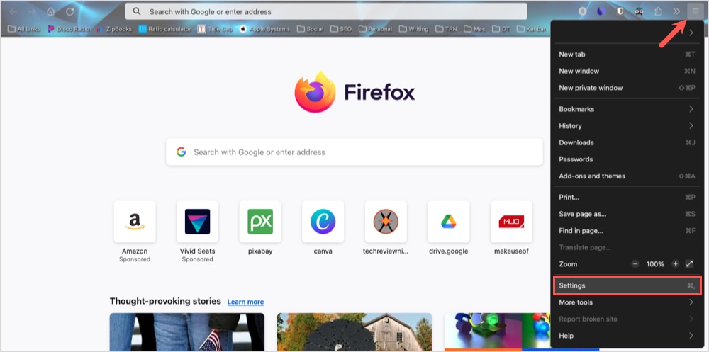 Settings in the three line menu in Firefox