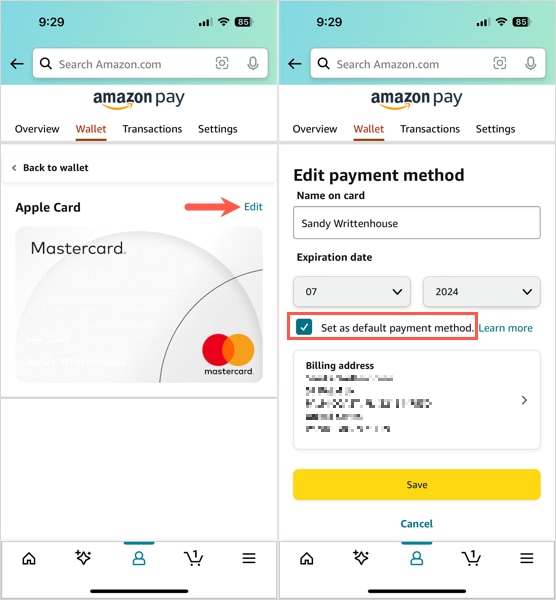 Edit and Save default payment method button in the Amazon mobile app