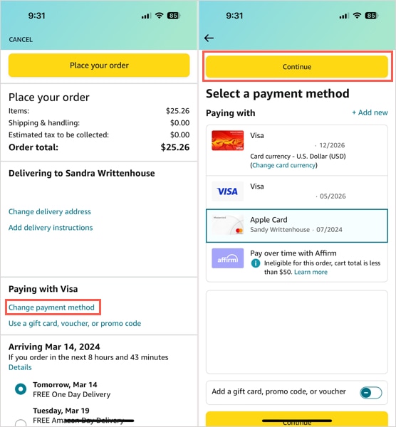 Change the payment method in the Amazon mobile app