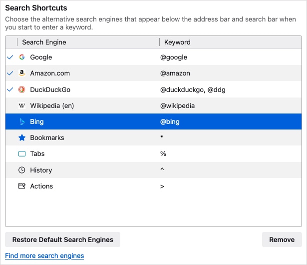 Search engine actions in Firefox