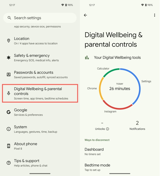 Digital Wellbeing in the Android Settings